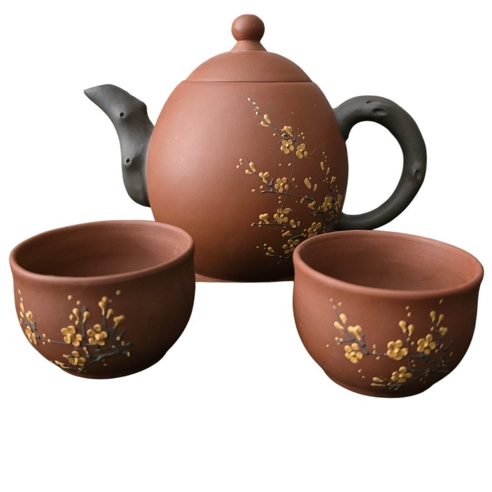 Yixing Zisha Clay Teapot Set Hand Painted Plum Blossom Branch 3pc Tea Set Brown